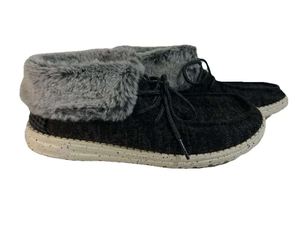 HEY DUDE Ladies’ Wendy Fold Black/Gray Faux Fur Lace Up Size 8 US